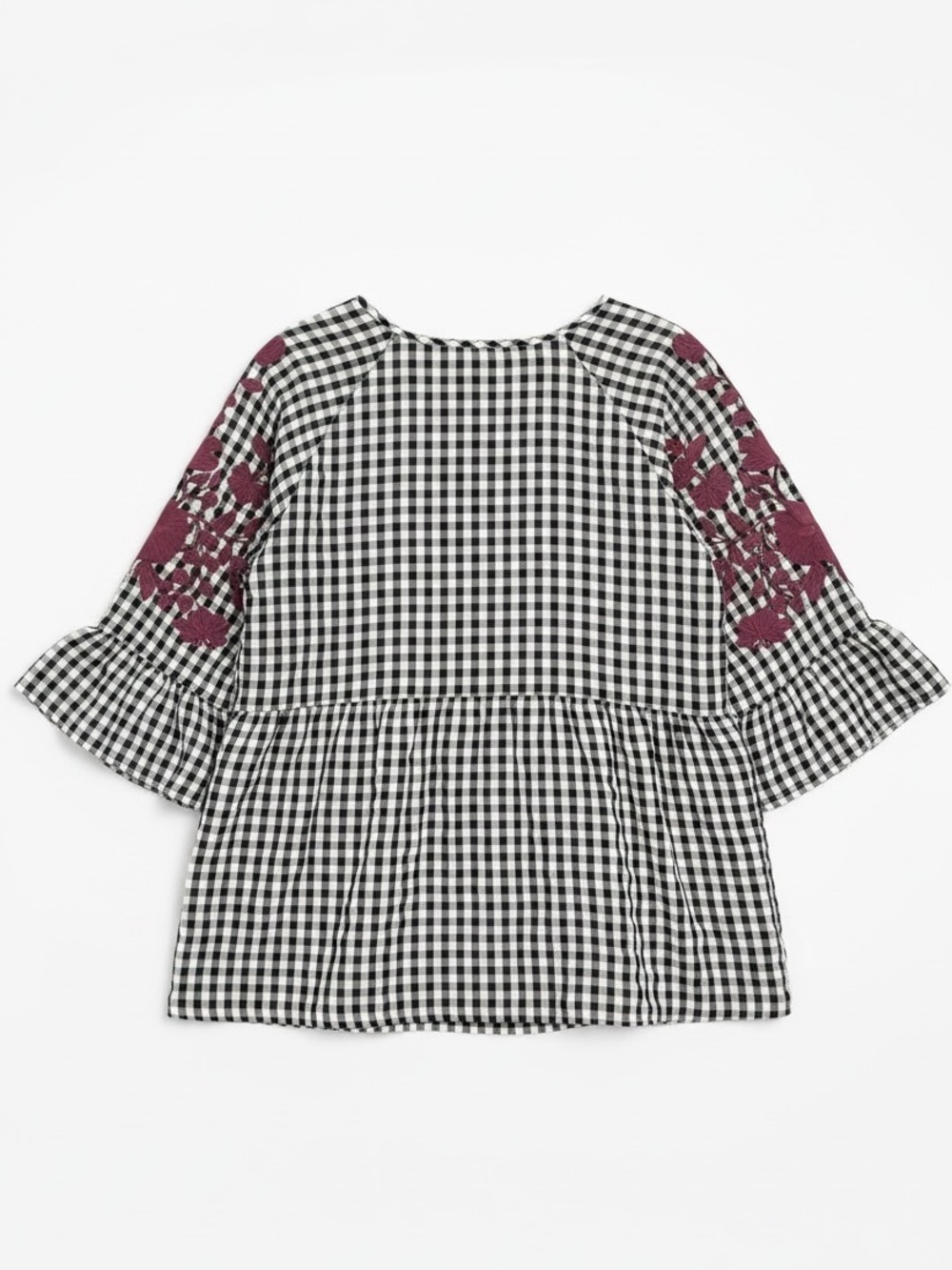 Layerz Embroidered Top Pink Black Gingham Peasant Ruffled Size XL - Picture 2 of 9